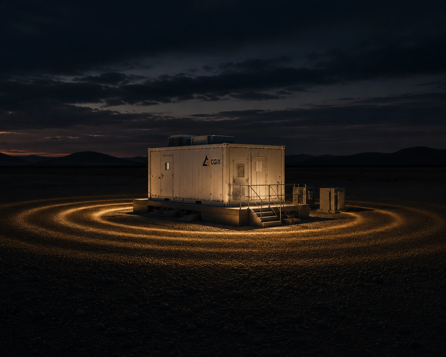 A CGiX unit lit in an open field at night